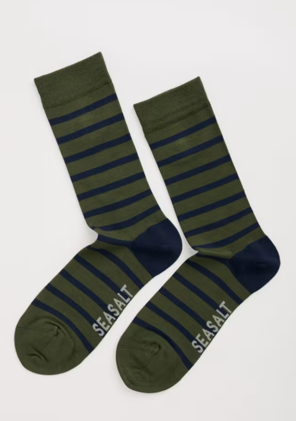 Seasalt Men's Sailor Socks Breton Hosta Maritime bamboo socks Material: 80% Bamboo, 19% Polyamide & 1% Elastane Size: UK 7-11 Pair of green and navy striped socks with 'SEASALT' branding on a white background