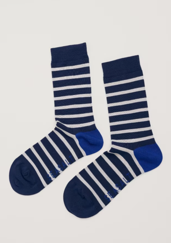 Seasalt Men's Sailor Socks Breton Maritime bamboo socks Material: 80% Bamboo, 19% Polyamide & 1% Elastane Size: UK 7-11 Pair of navy and white striped socks on a light gray background
