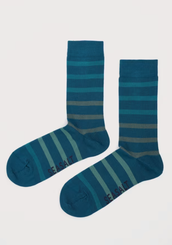 Seasalt Men's Sailor Socks Breton Shades Atlantic bamboo socks Material: 80% Bamboo, 19% Polyamide & 1% Elastane Size: UK 7-11 Pair of blue striped socks on a light gray background