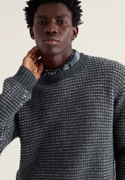 Seasalt Men's Crowlas Knitted Fair Isle Wool Jumper Squall. Men's wool jumper that's Regular fit with Crew neck amd Ribbed hem and cuffs with Ribbed neckline that is Hand Wash In Cold Water. Material: 100% Wool