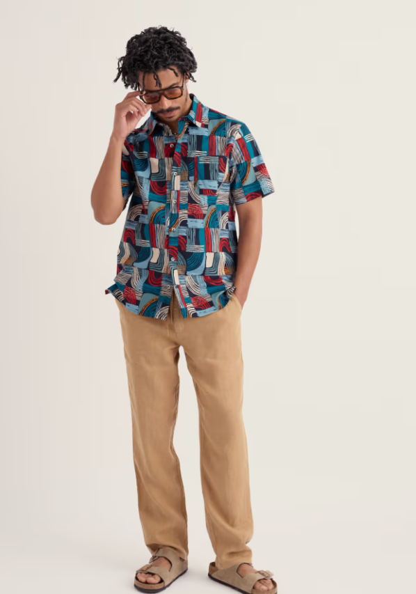 Seasalt Men's Godrev Poplin Short Sleeve Shirt Drawn Shapes Sketch Inkwell