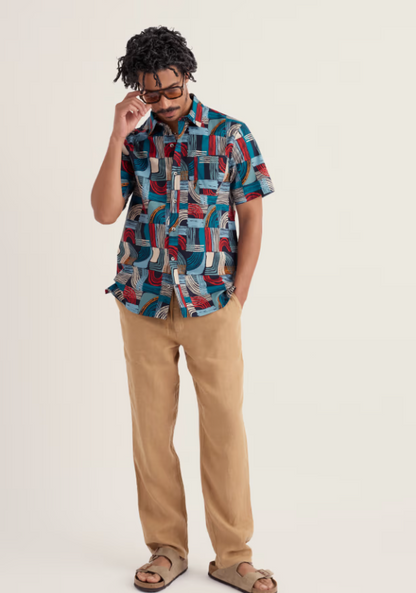 Seasalt Men's Godrev Poplin Short Sleeve Shirt Drawn Shapes Sketch Inkwell