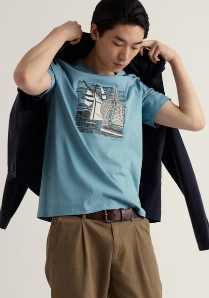Seasalt Men's Midwatch Organic Cotton T-Shirt Coverack Boats Enamel