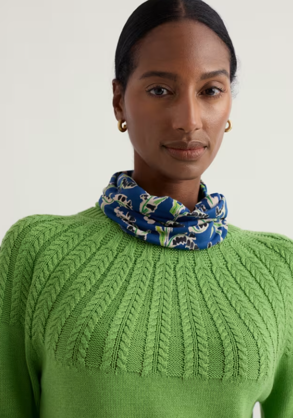 Seasalt Organic Cotton Handyband Painty Bluebell Dark Voyage 2 Handybands for £20 Made from soft, organic cotton Seasalt jersey Woman wearing a green knitted sweater with a blue patterned scarf