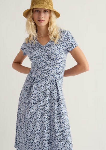 Seasalt Pier View Jersey Dress Bunched Cornflowers Dark Voyage