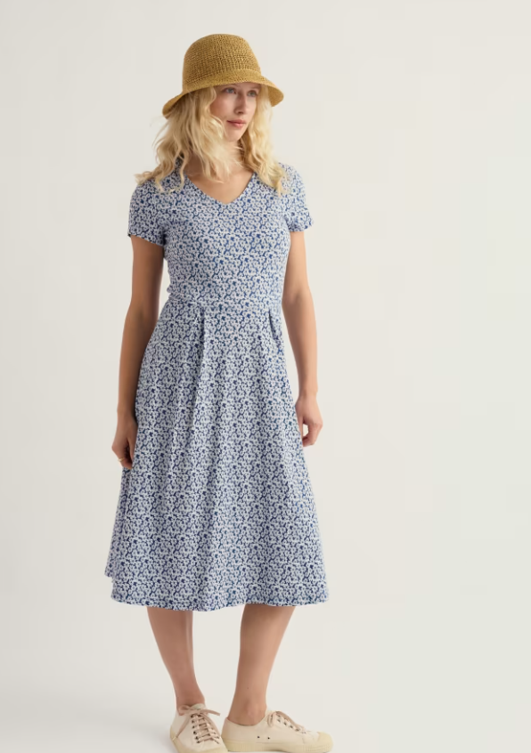 Seasalt Pier View Jersey Dress Bunched Cornflowers Dark Voyage