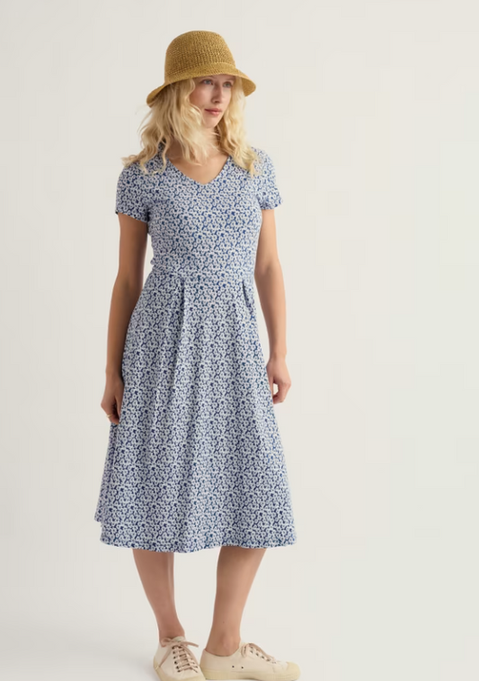 Seasalt Pier View Jersey Dress Bunched Cornflowers Dark Voyage