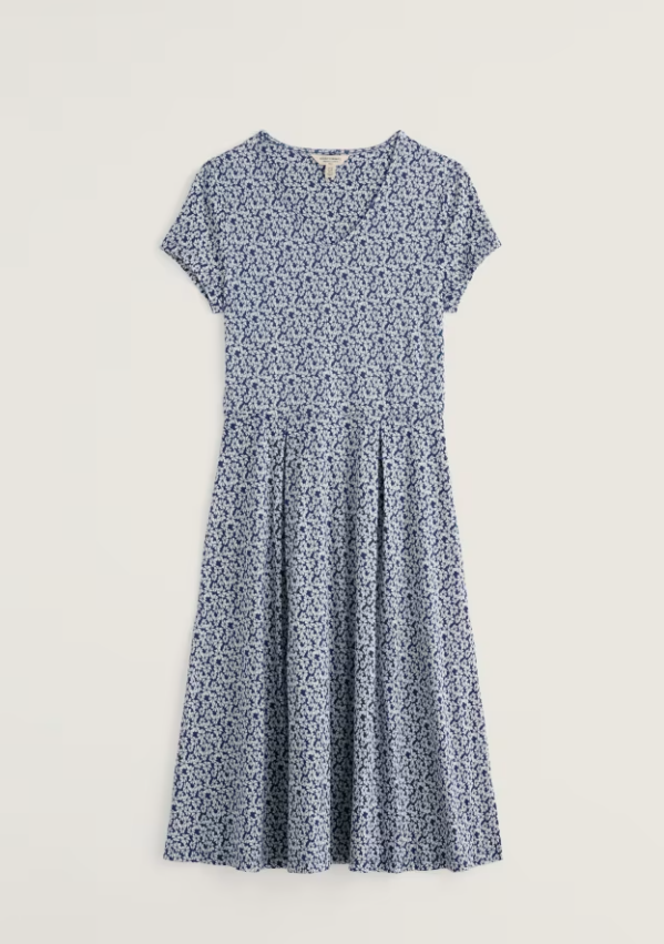 Seasalt Pier View Jersey Dress Bunched Cornflowers Dark Voyage