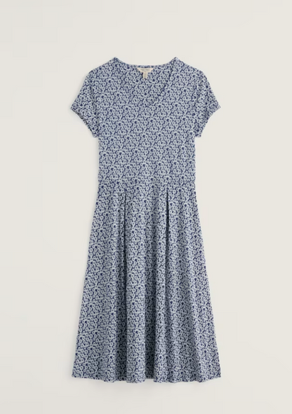Seasalt Pier View Jersey Dress Bunched Cornflowers Dark Voyage