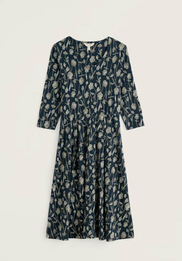 Seasalt Pier View Three Quarter Sleeve Dress Lino Seedpods Maritime . Womens with Fit and flare shape with V neck that's Machine Wash 30C Material: 96% Cotton (organic) & 4% Elastane