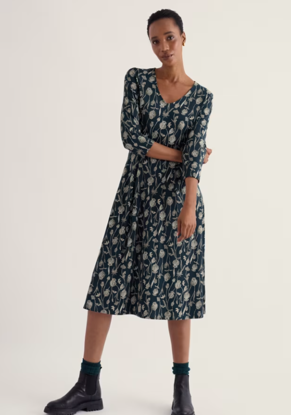 Seasalt Pier View Three Quarter Sleeve Dress Lino Seedpods Maritime . Womens with Fit and flare shape with V neck that's Machine Wash 30C Material: 96% Cotton (organic) & 4% Elastane