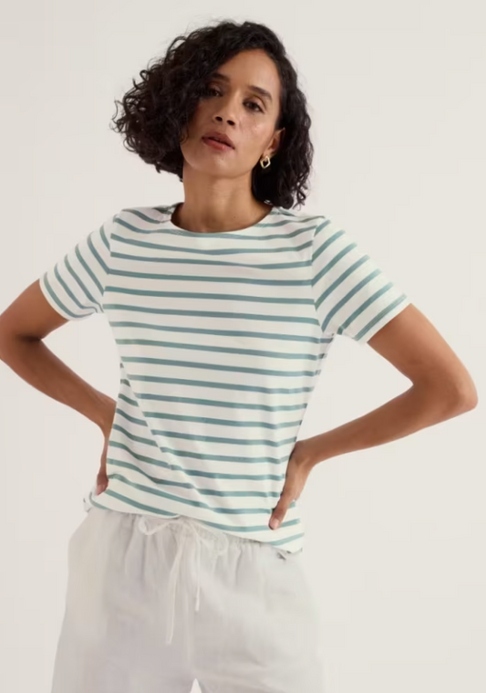 Seasalt Sailor T-Shirt Breton Chalk Sardine womens tee that is Semi fitted with a Boat neck and Yarn-dyed strips made from Organic cotton certified organic to Global Organic Textile Standards (GOTS) by Soil Association Certification DK16784. Machine Wash 30C