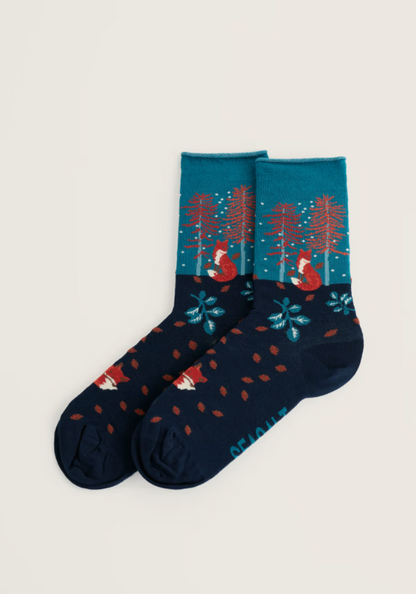 Seasalt Snowy Scenes Socks Birch Forest Fox Maritime