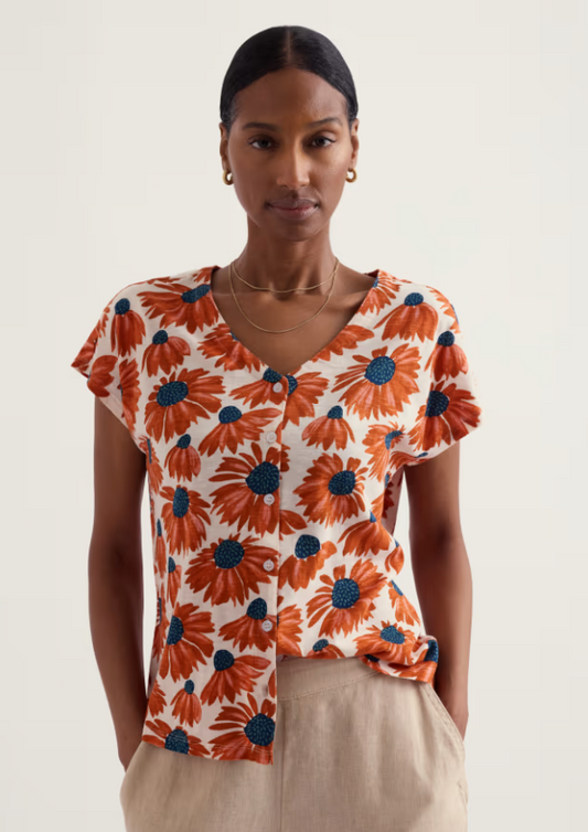 Seasalt Studio Glass V-neck Jersey Inky Echinacea Chalk
