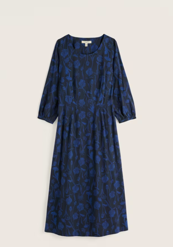 Seasalt Tilly 3/4 Blouson Sleeve Midi Dress Lino Seedpods Maritime Marine. Womens A-line Skirt that's Fitted and Waisted with Round neck and Elasticated back waist with In-seam pockets. Machine Wash 30C Material: 100% Viscose