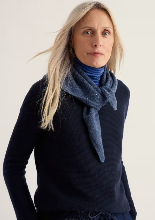 Seasalt Wild Bilberry Knitted Triangle Scarf Squall. Womens square scarf. Colour: Squall Material: 70% Merino Wool & 30% Recycled Nylon