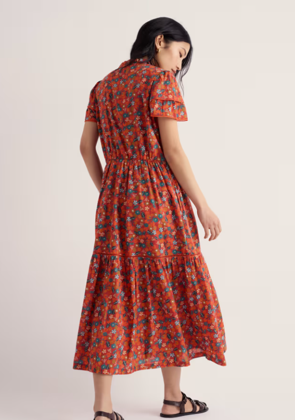 Seasalt Wild Lily Midi Dress Organic Cotton Voile Tomato Blooms Cinnamon