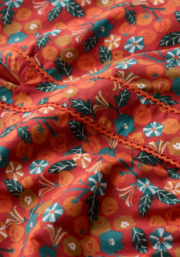 Seasalt Wild Lily Midi Dress Organic Cotton Voile Tomato Blooms Cinnamon