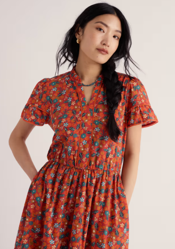 Seasalt Wild Lily Midi Dress Organic Cotton Voile Tomato Blooms Cinnamon