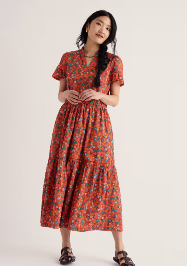 Seasalt Wild Lily Midi Dress Organic Cotton Voile Tomato Blooms Cinnamon