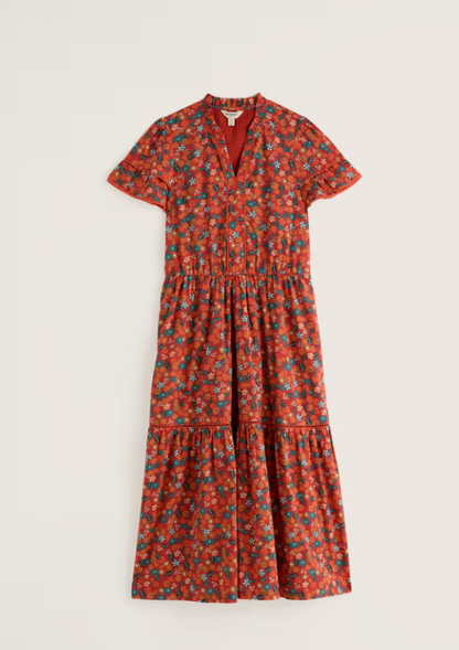 Seasalt Wild Lily Midi Dress Organic Cotton Voile Tomato Blooms Cinnamon