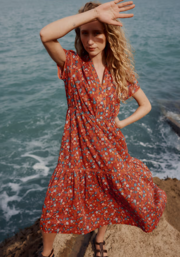 Seasalt Wild Lily Midi Dress Organic Cotton Voile Tomato Blooms Cinnamon