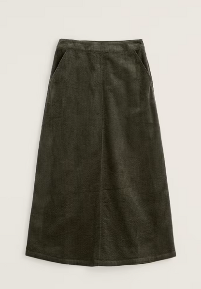 Seasalt Window Wren Cord Midi Skirt Nori. Womens skirt in A-line style Sit on the natural waist with Front and back pockets that's Machine Wash 30C. Material: 100% Organic Cotton 