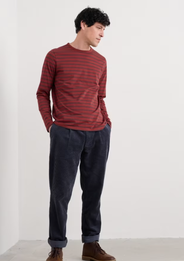 Seasalt Men's Crew Neck Sailor Shirt Breton Seedbed Conker