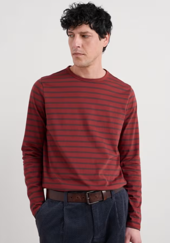 Seasalt Men's Crew Neck Sailor Shirt Breton Seedbed Conker