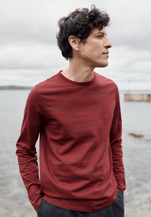 Seasalt Men's Crew Neck Sailor Shirt Breton Seedbed Conker