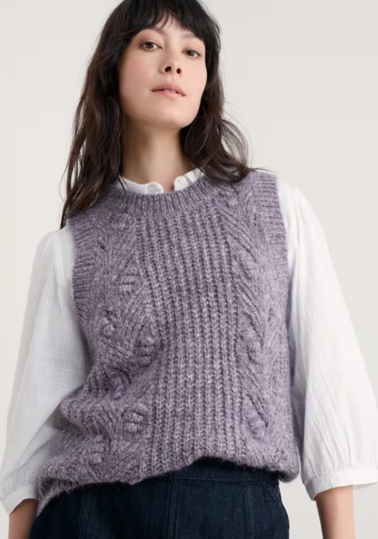 Seasalt Sand Thistle Mohair-Blend Vest Clematis Seasalt clothing womens vest Person wearing a purple knitted vest over a white shirt against a plain background