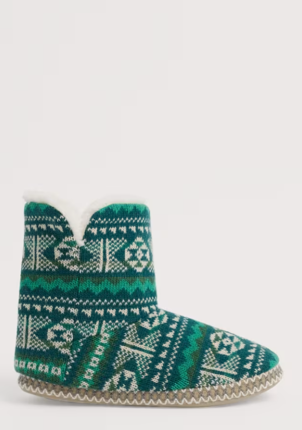 Seasalt Snooze Slipper Booties Windward Carmine Multi Womens Slippers Seasalt clothing Green and white patterned slipper on a light gray background