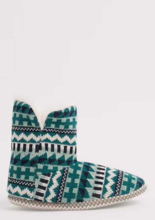 Seasalt Snooze Slipper Booties Zig Zag Geo Kingfisher Mix Womens Slippers Seasalt clothing Knitted slipper with geometric pattern on a white background