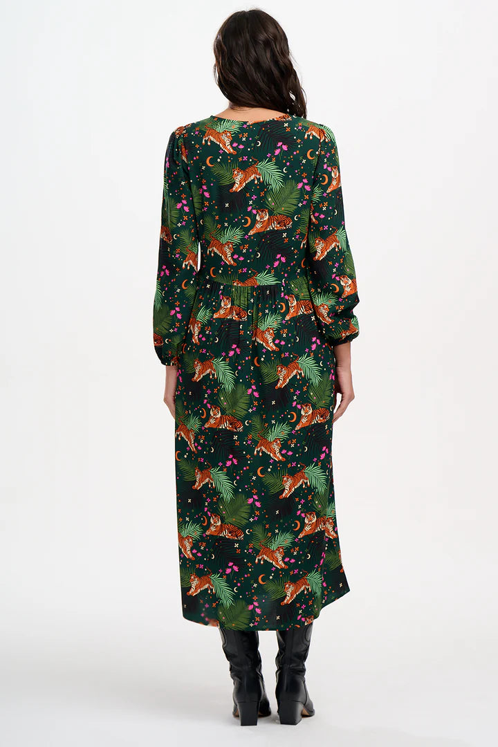 Sugarhill Brighton Sidney Midi Smock Dress Dark Green Tigers & Palms