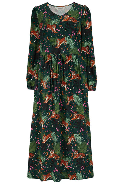 Sugarhill Brighton Sidney Midi Smock Dress Dark Green Tigers & Palms