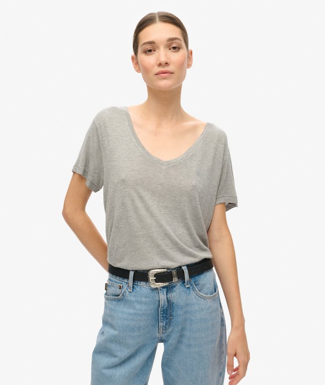 Superdry Studios Slub Embroidered V-Neckline T-Shirt Silver Metallic