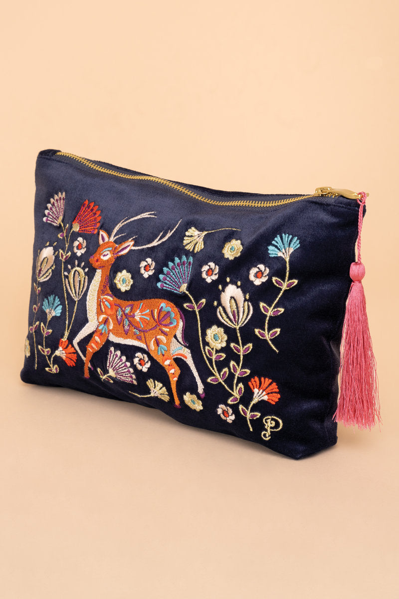 Powder Bag Powder Clothing Powder Velvet Embroidered Zip Pouch Folk Art Deer Slate