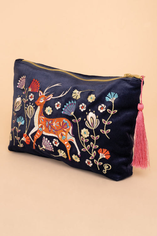 Powder Velvet Embroidered Zip Pouch Folk Art Deer Slate