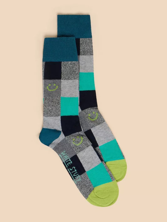 Mens Socks White Stuff Smiley Check Ankle Sock Grey Cotton socks with a smiley pattern