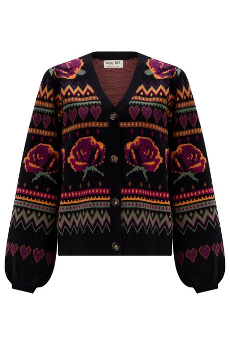 Sugarhill Brighton Adrian Cardigan Black Wild Roses. Womens Buttoned front cardigan with V-neck and Blouson sleeve that's Machine washable (delicate). Material: 51% Viscose, 30% Polyester & 19% Nylon