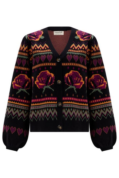 Sugarhill Brighton Adrian Cardigan Black Wild Roses. Womens Buttoned front cardigan with V-neck and Blouson sleeve that's Machine washable (delicate). Material: 51% Viscose, 30% Polyester & 19% Nylon