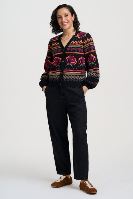 Sugarhill Brighton Adrian Cardigan Black Wild Roses. Womens Buttoned front cardigan with V-neck and Blouson sleeve that's Machine washable (delicate). Material: 51% Viscose, 30% Polyester & 19% Nylon