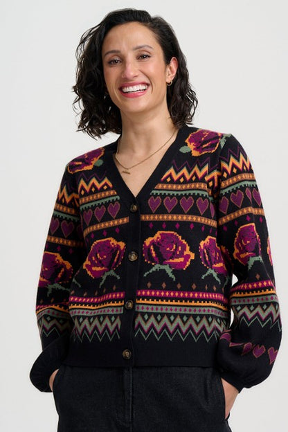Sugarhill Brighton Adrian Cardigan Black Wild Roses. Womens Buttoned front cardigan with V-neck and Blouson sleeve that's Machine washable (delicate). Material: 51% Viscose, 30% Polyester & 19% Nylon