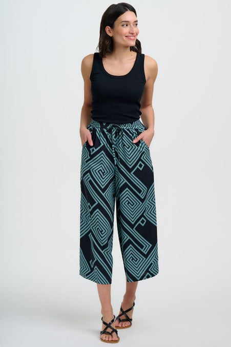 Sugarhill Brighton Ameera Cropped Wide Leg Trousers Black/Green Geometric Lines