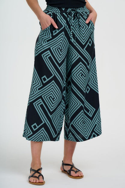 Sugarhill Brighton Ameera Cropped Wide Leg Trousers Black/Green Geometric Lines