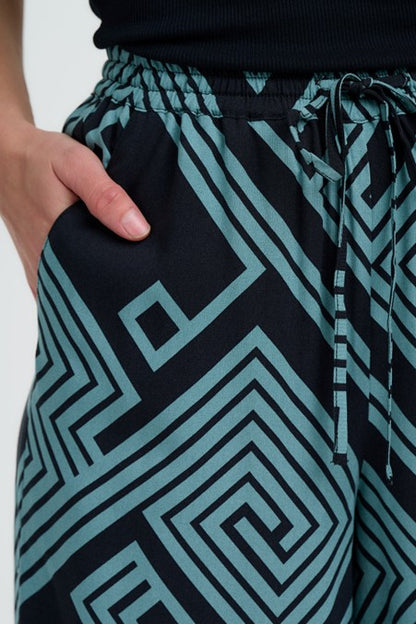 Sugarhill Brighton Ameera Cropped Wide Leg Trousers Black/Green Geometric Lines