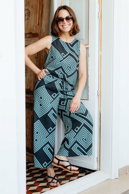 Sugarhill Brighton Ameera Cropped Wide Leg Trousers Black/Green Geometric Lines