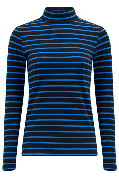 Sugarhill Brighton Annika Turtleneck Jersey Top Black/Blue Striped. Womens Fitted High turtleneck top with Long sleeves that's Machine washable (delicate). Material: 95% Organic Cotton & 5% Elastane