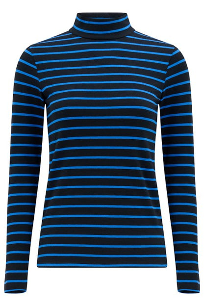 Sugarhill Brighton Annika Turtleneck Jersey Top Black/Blue Striped. Womens Fitted High turtleneck top with Long sleeves that's Machine washable (delicate). Material: 95% Organic Cotton & 5% Elastane