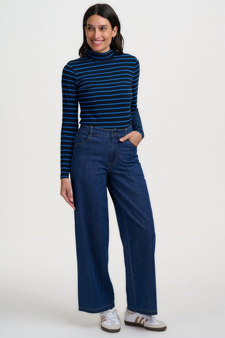 Sugarhill Brighton Annika Turtleneck Jersey Top Black/Blue Striped